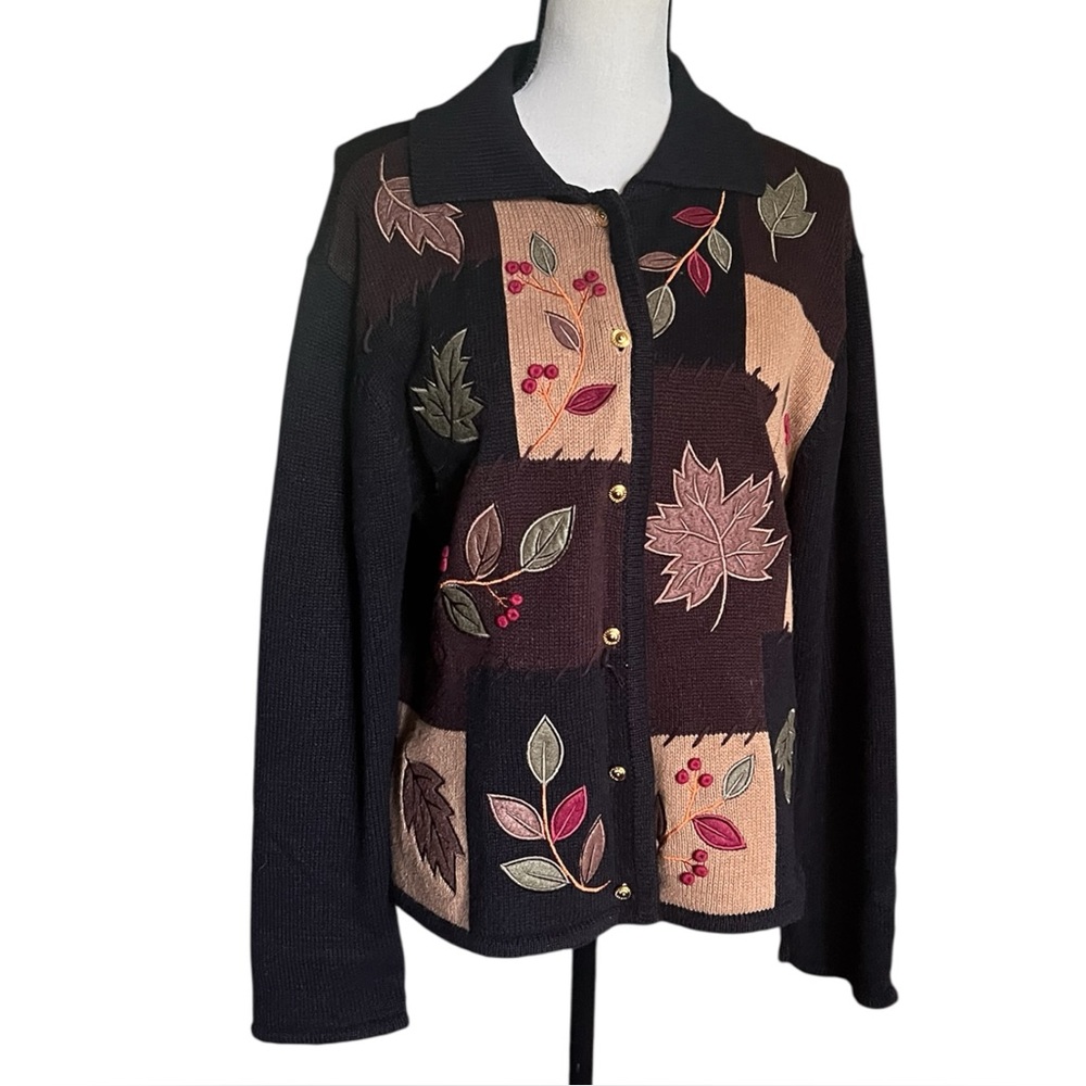 Vintage Crystal Kobe Embroidered Fall Leaves Sweater Cardigan. SZ M